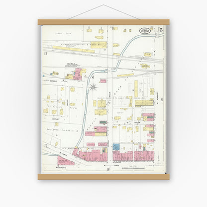 Old map wall art mockup — magnetic wood frame on white wall — Sanborn Fire Insurance Map from Urbana, Champaign County, Illinois (1909), Sheet #0005