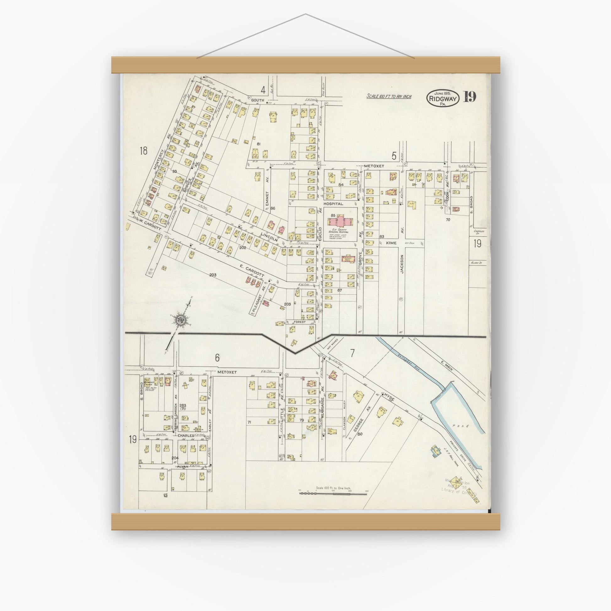 Old map wall art mockup — magnetic wood frame on white wall — Sanborn Fire Insurance Map from Ridgway, Elk County, Pennsylvania (1915), Sheet #0019
