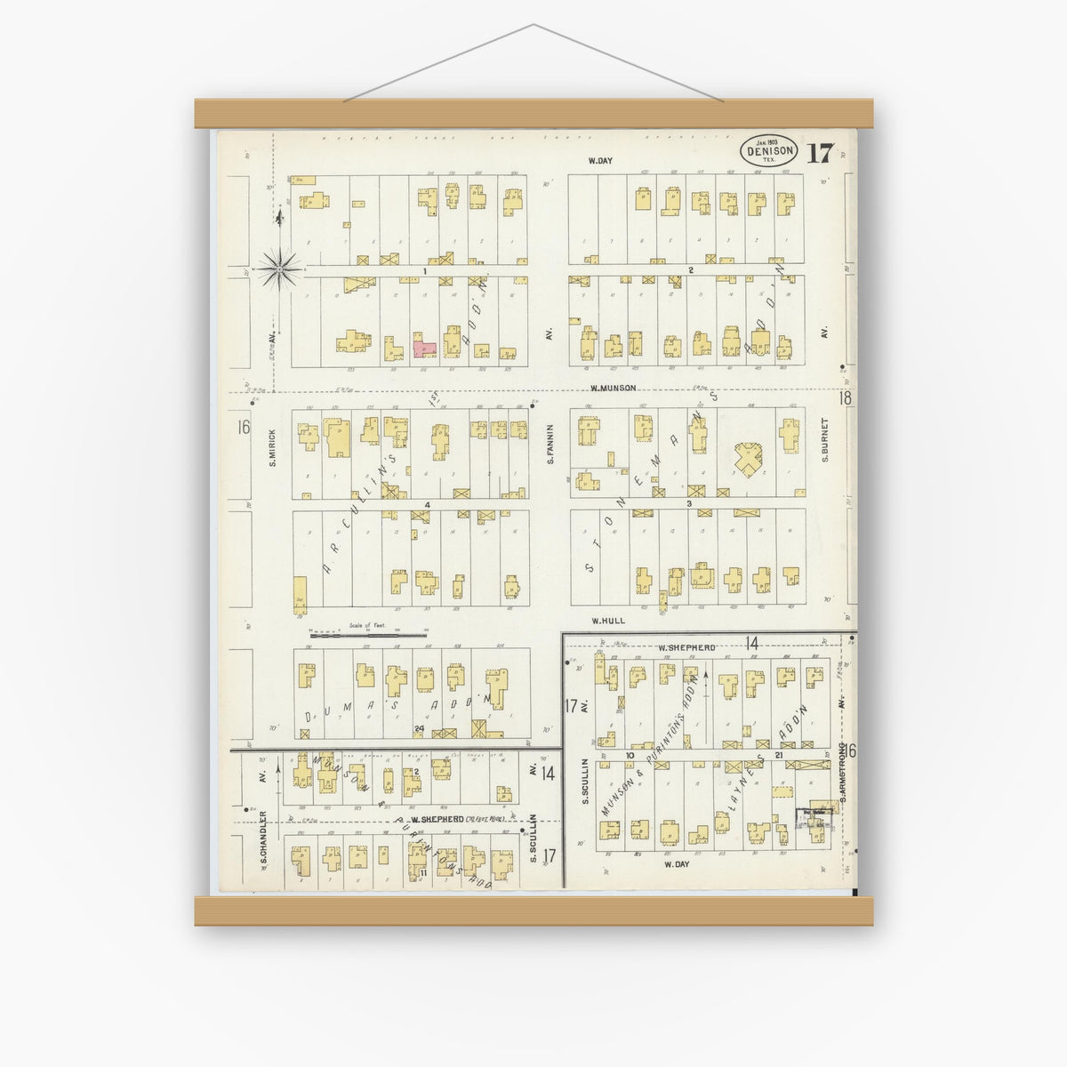 Old map wall art mockup — magnetic wood frame on white wall — Sanborn Fire Insurance Map from Denison, Grayson County, Texas (1903), Sheet #0017