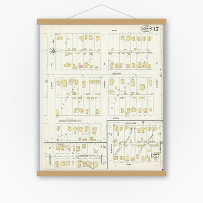 Old map wall art mockup — magnetic wood frame on white wall — Sanborn Fire Insurance Map from Denison, Grayson County, Texas (1903), Sheet #0017