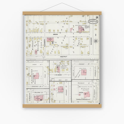 Old map wall art mockup — magnetic wood frame on white wall — Sanborn Fire Insurance Map from Danville, Vermilion County, Illinois (1890), Sheet #0009