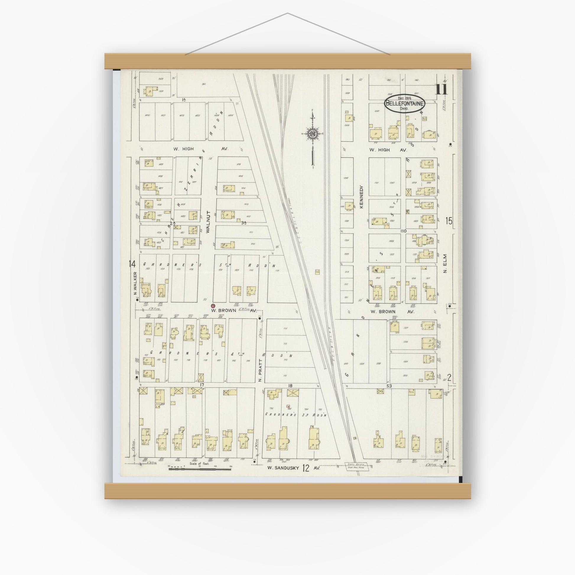 Old map wall art mockup — magnetic wood frame on white wall — Sanborn Fire Insurance Map from Bellefontaine, Logan County, Ohio (1914), Sheet #0011