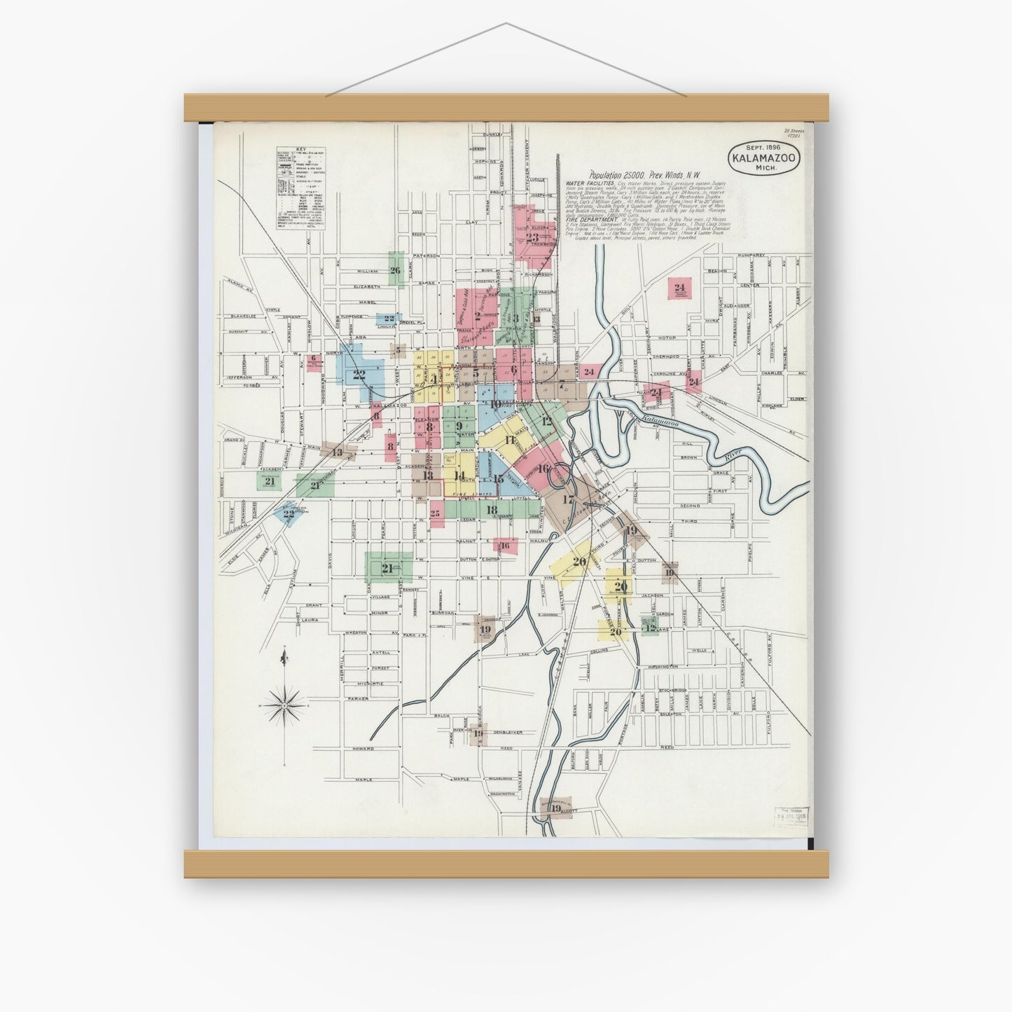 Old map wall art mockup — magnetic wood frame on white wall — Sanborn Fire Insurance Map from Kalamazoo, Kalamazoo County, Michigan (1896) - Complete Map Set
