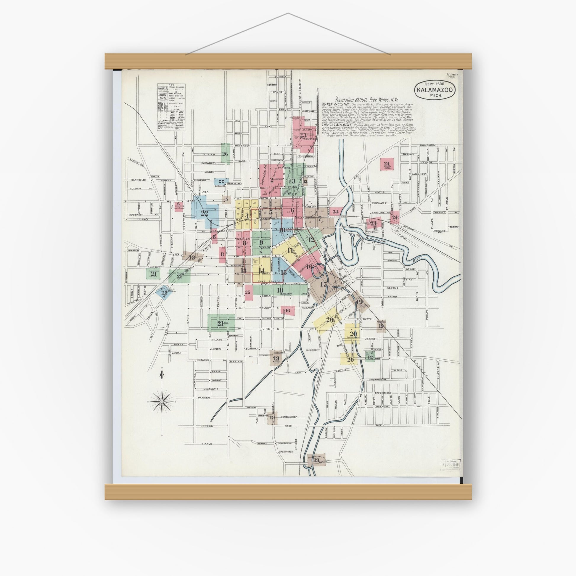 Old map wall art mockup — magnetic wood frame on white wall — Sanborn Fire Insurance Map from Kalamazoo, Kalamazoo County, Michigan (1896) - Complete Map Set