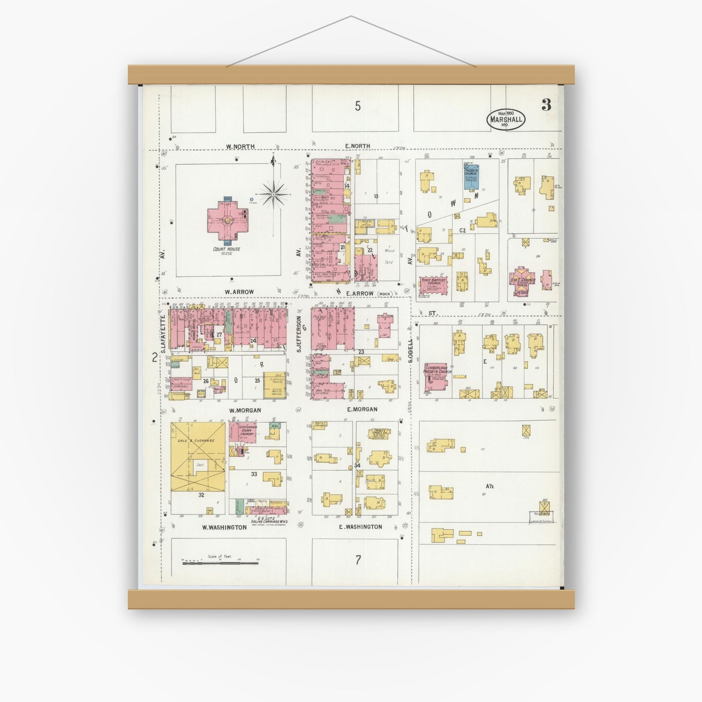 Old map wall art mockup — magnetic wood frame on white wall — Sanborn Fire Insurance Map from Marshall, Saline County, Missouri (1900), Sheet #0003