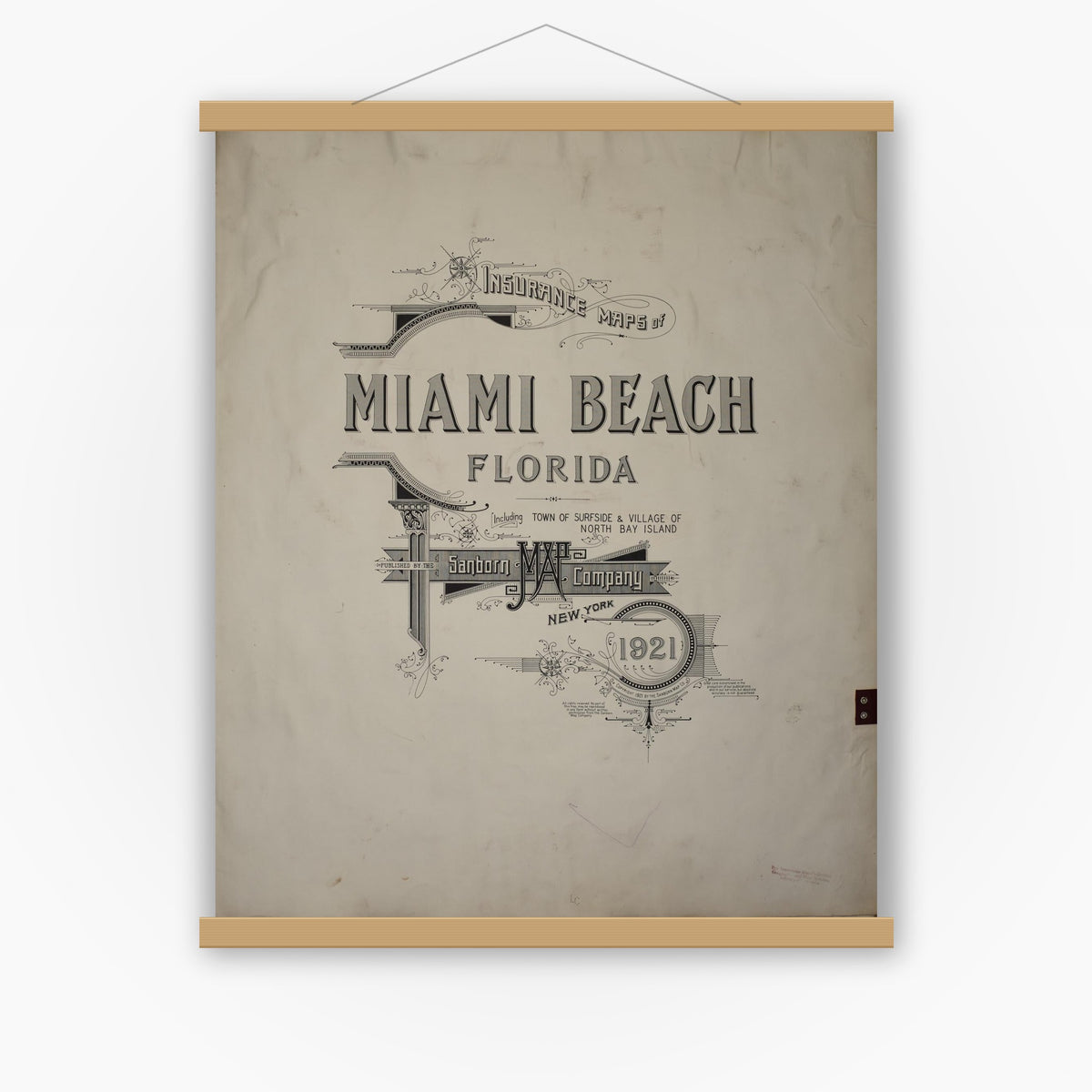 Old map wall art mockup — magnetic wood frame on white wall — Sanborn Fire Insurance Map from Miami Beach, Dade County, Florida (1951), Sheet #0001