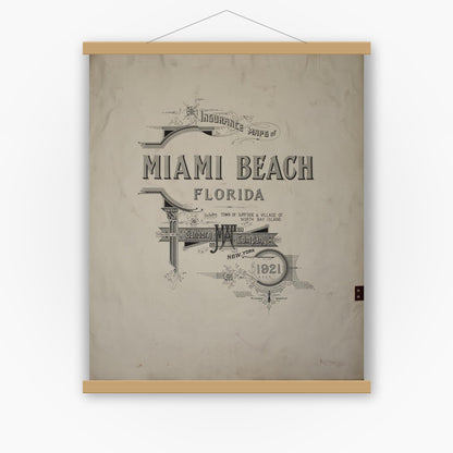 Old map wall art mockup — magnetic wood frame on white wall — Sanborn Fire Insurance Map from Miami Beach, Dade County, Florida (1951), Sheet #0001