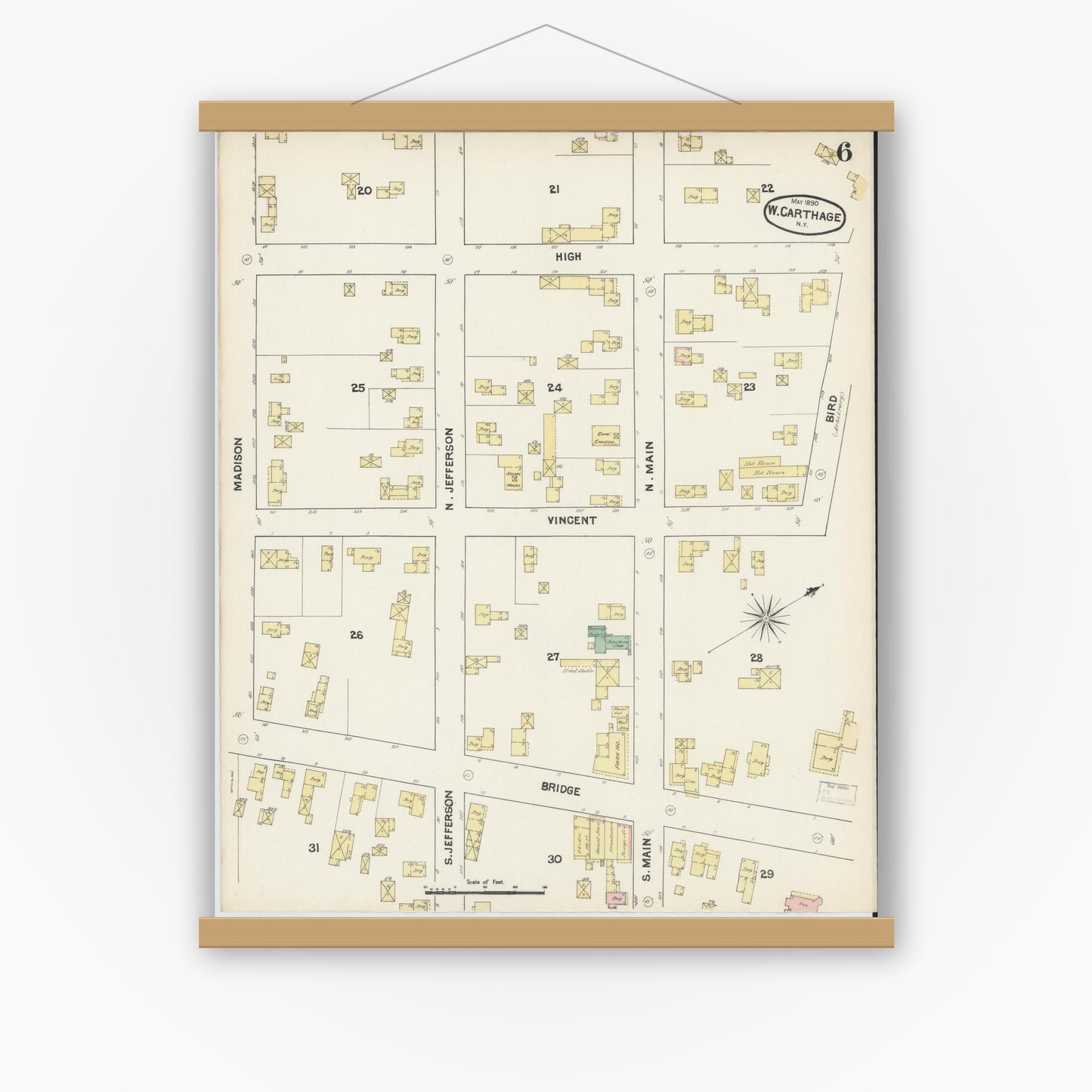 Old map wall art mockup — magnetic wood frame on white wall — Sanborn Fire Insurance Map from Carthage, Jefferson County, New York (1890), Sheet #0006