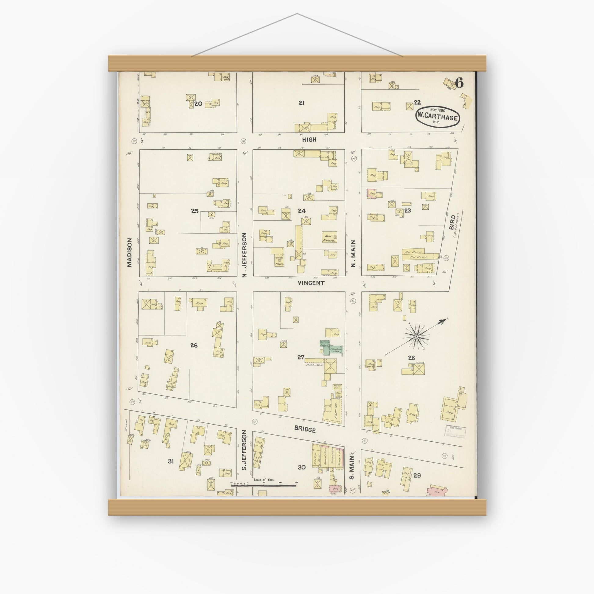 Old map wall art mockup — magnetic wood frame on white wall — Sanborn Fire Insurance Map from Carthage, Jefferson County, New York (1890), Sheet #0006