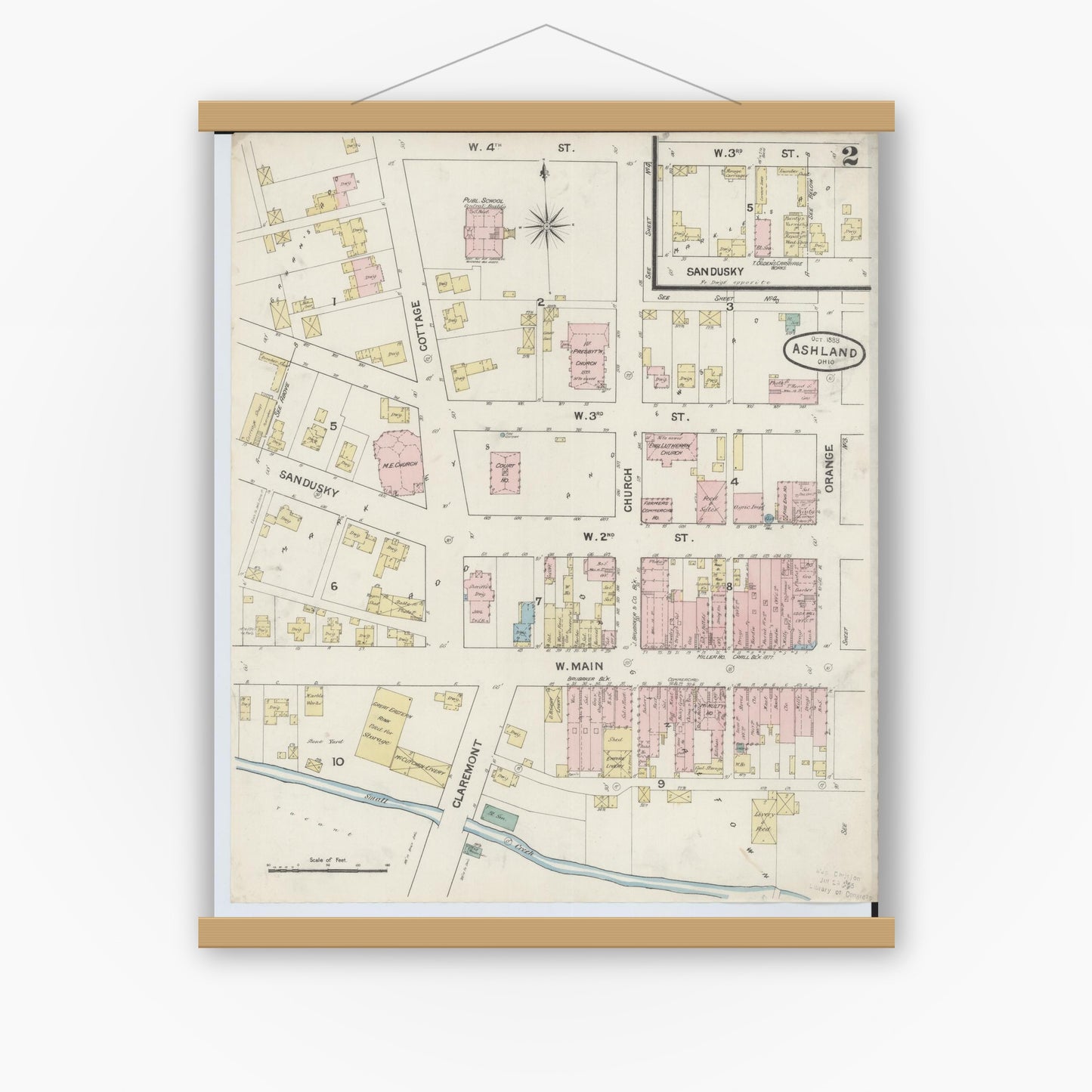 Old map wall art mockup — magnetic wood frame on white wall — Sanborn Fire Insurance Map from Ashland, Ashland County, Ohio (1888), Sheet #0002