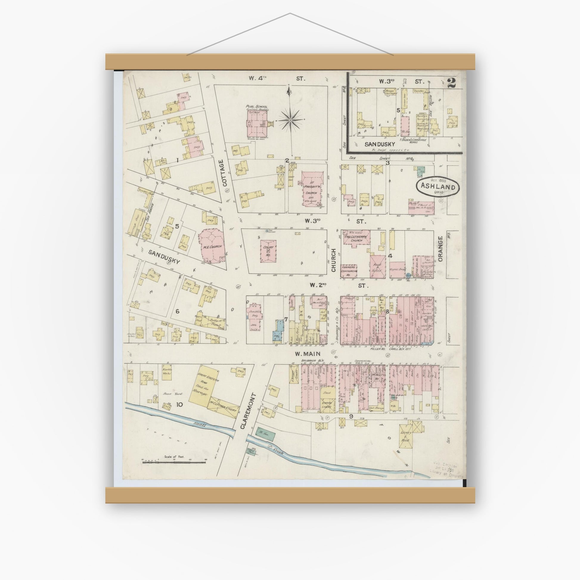 Old map wall art mockup — magnetic wood frame on white wall — Sanborn Fire Insurance Map from Ashland, Ashland County, Ohio (1888), Sheet #0002