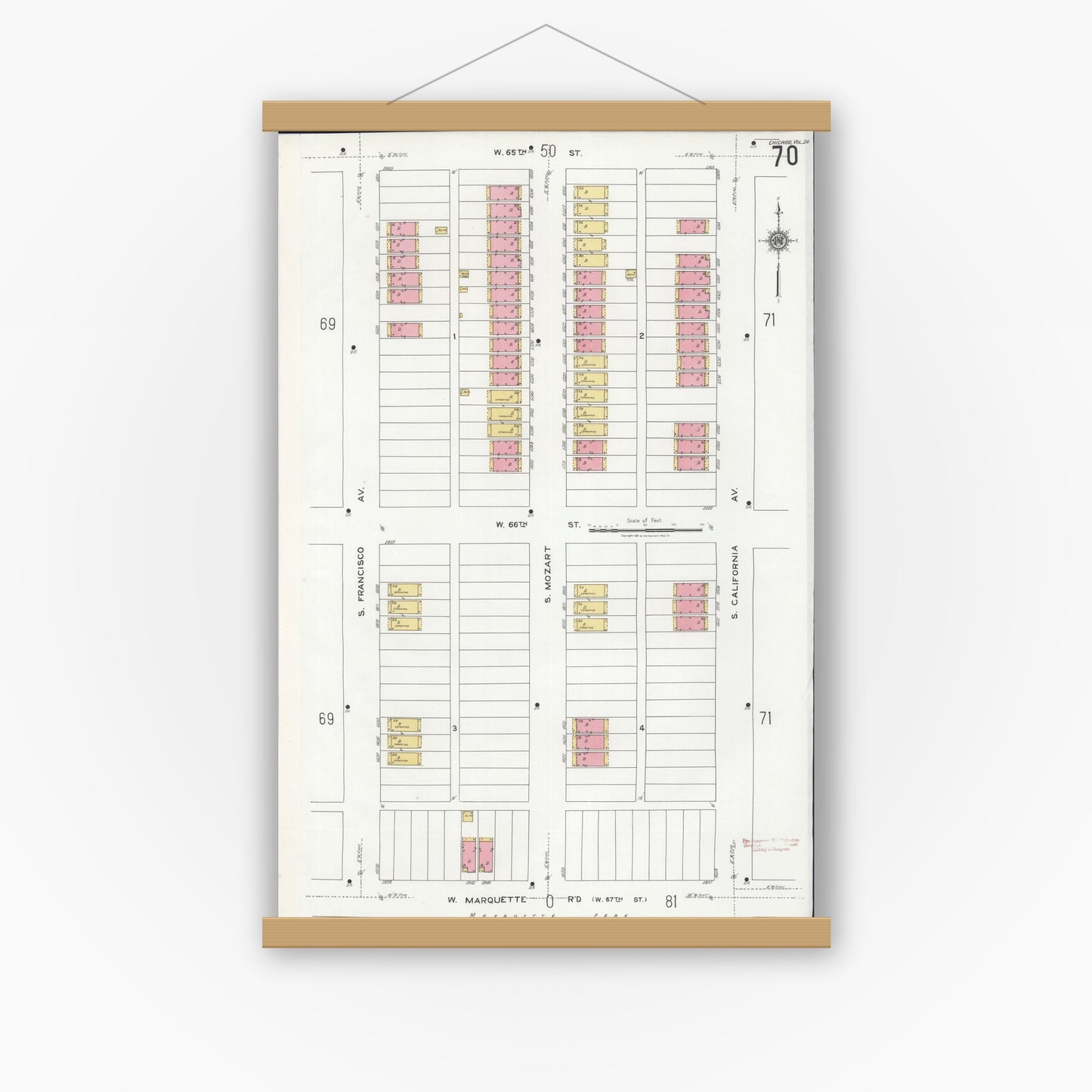 Old map wall art mockup — magnetic wood frame on white wall — Sanborn Fire Insurance Map from Chicago, Cook County, Illinois (1920), Sheet #0070
