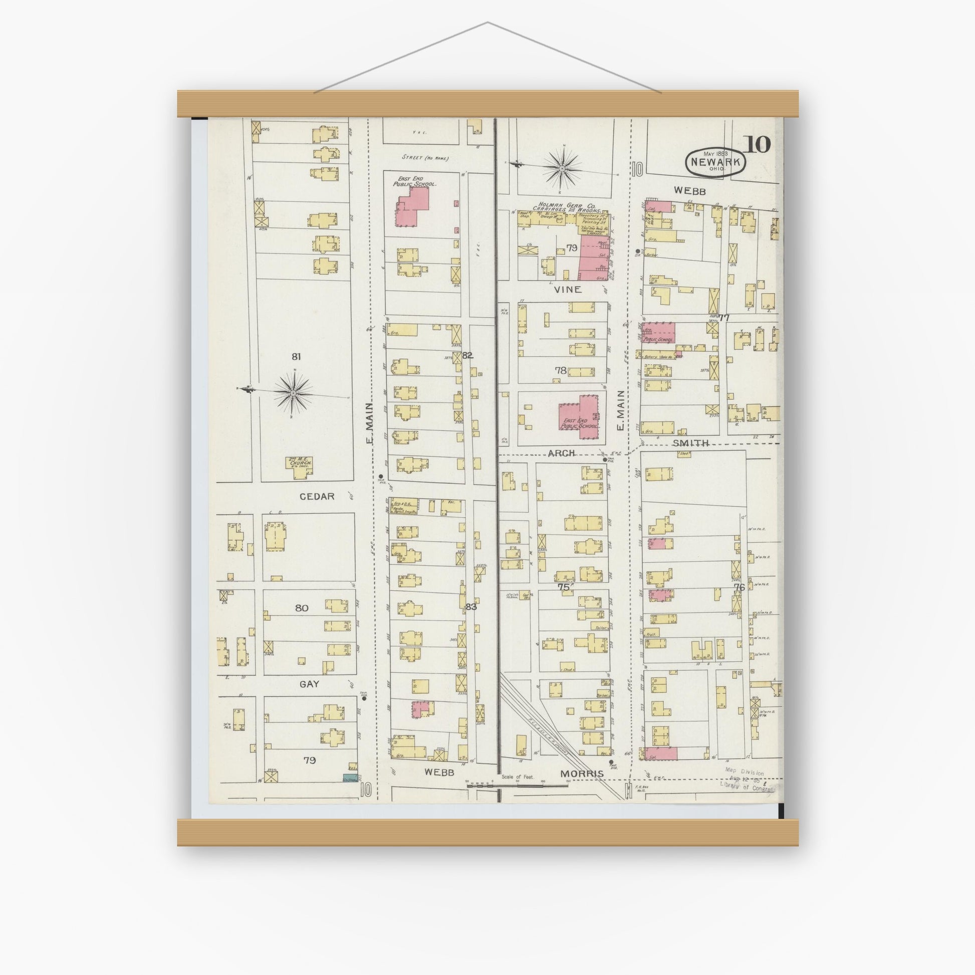 Old map wall art mockup — magnetic wood frame on white wall — Sanborn Fire Insurance Map from Newark, Licking County, Ohio (1893), Sheet #0010