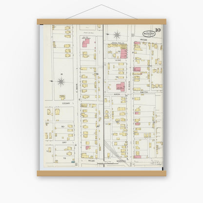 Old map wall art mockup — magnetic wood frame on white wall — Sanborn Fire Insurance Map from Newark, Licking County, Ohio (1893), Sheet #0010