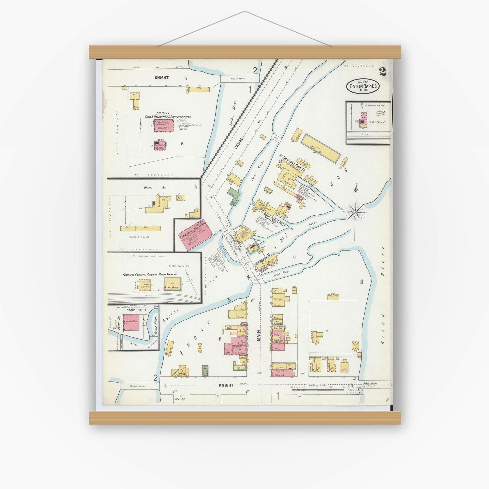 Old map wall art mockup — magnetic wood frame on white wall — Sanborn Fire Insurance Map from Eaton Rapids, Eaton County, Michigan (1900), Sheet #0002