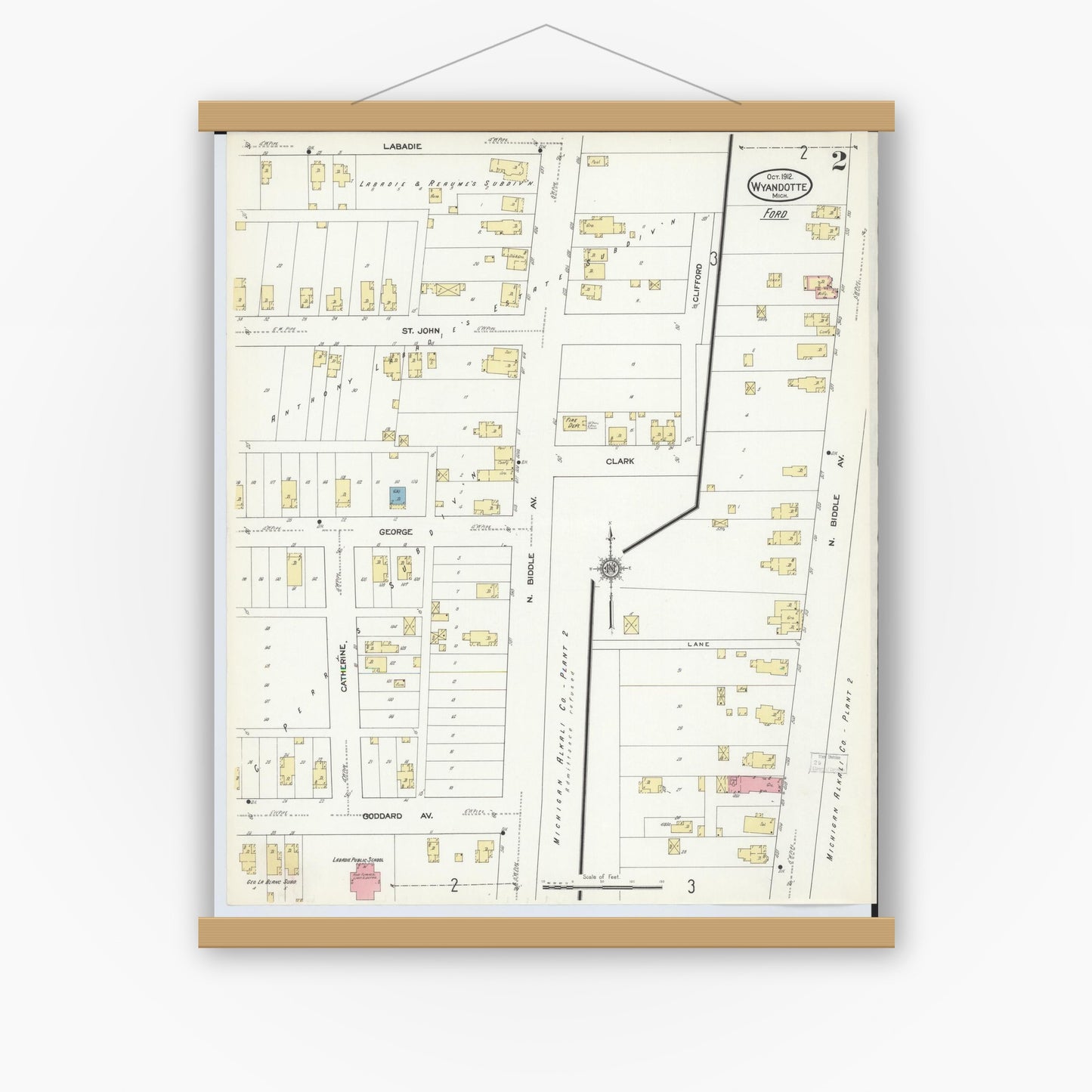 Old map wall art mockup — magnetic wood frame on white wall — Sanborn Fire Insurance Map from Wyandotte, Wayne County, Michigan (1912), Sheet #0002