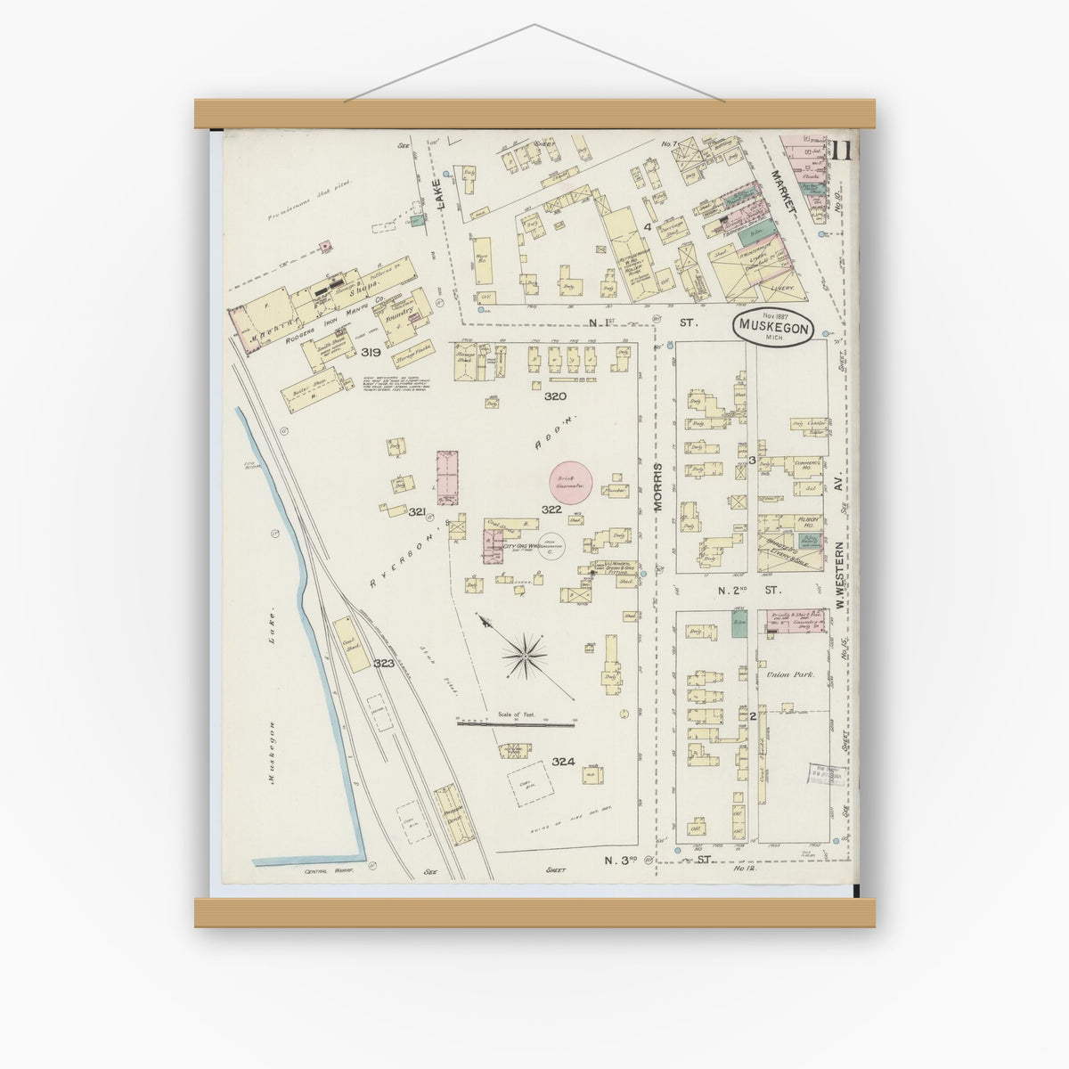 Old map wall art mockup — magnetic wood frame on white wall — Sanborn Fire Insurance Map from Muskegon, Muskegon County, Michigan (1887), Sheet #0011
