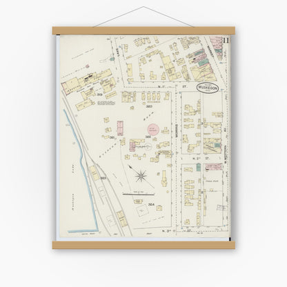 Old map wall art mockup — magnetic wood frame on white wall — Sanborn Fire Insurance Map from Muskegon, Muskegon County, Michigan (1887), Sheet #0011