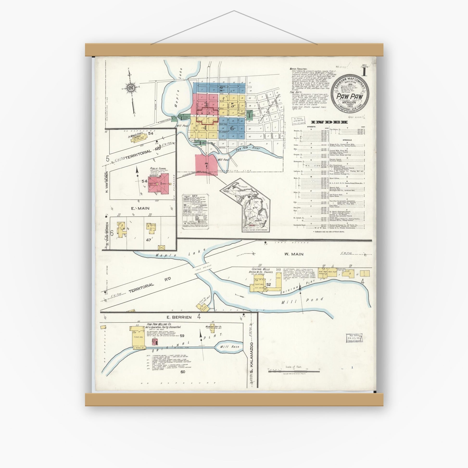 Old map wall art mockup — magnetic wood frame on white wall — Sanborn Fire Insurance Map from Paw Paw, Van Buren County, Michigan (1922) - Complete Map Set