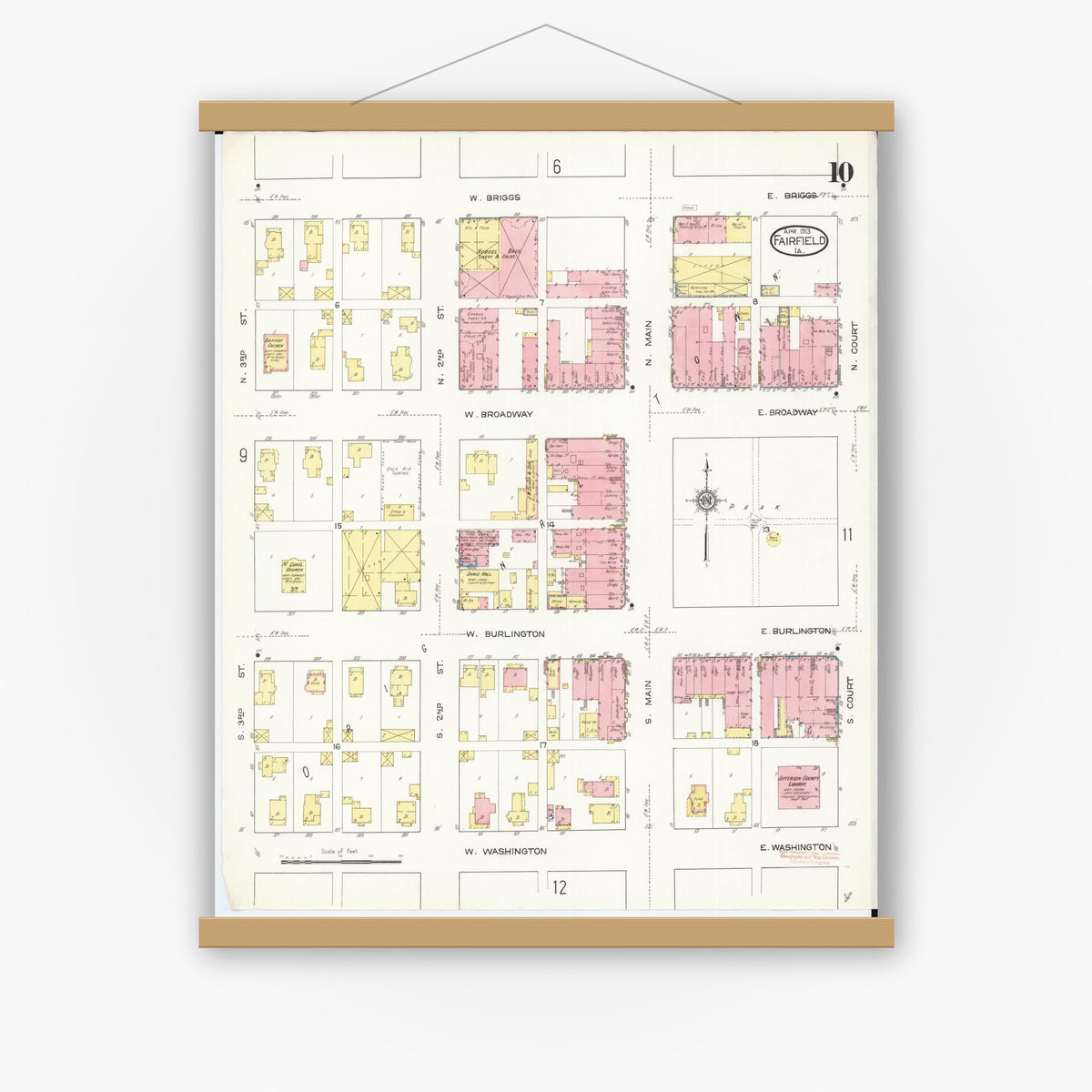 Old map wall art mockup — magnetic wood frame on white wall — Sanborn Fire Insurance Map from Fairfield, Jefferson County, Iowa (1913), Sheet #0010