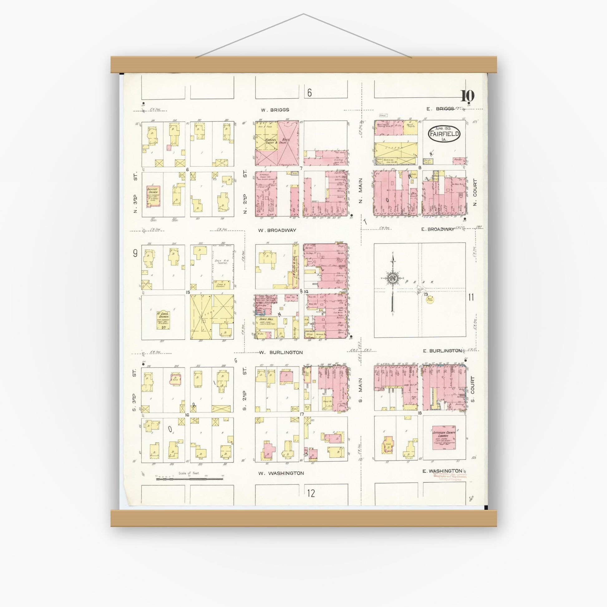 Old map wall art mockup — magnetic wood frame on white wall — Sanborn Fire Insurance Map from Fairfield, Jefferson County, Iowa (1913), Sheet #0010