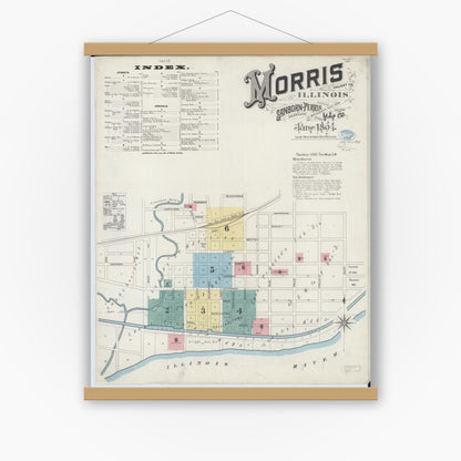 Old map wall art mockup — magnetic wood frame on white wall — Sanborn Fire Insurance Map from Morris, Grundy County, Illinois (1894) - Complete Map Set