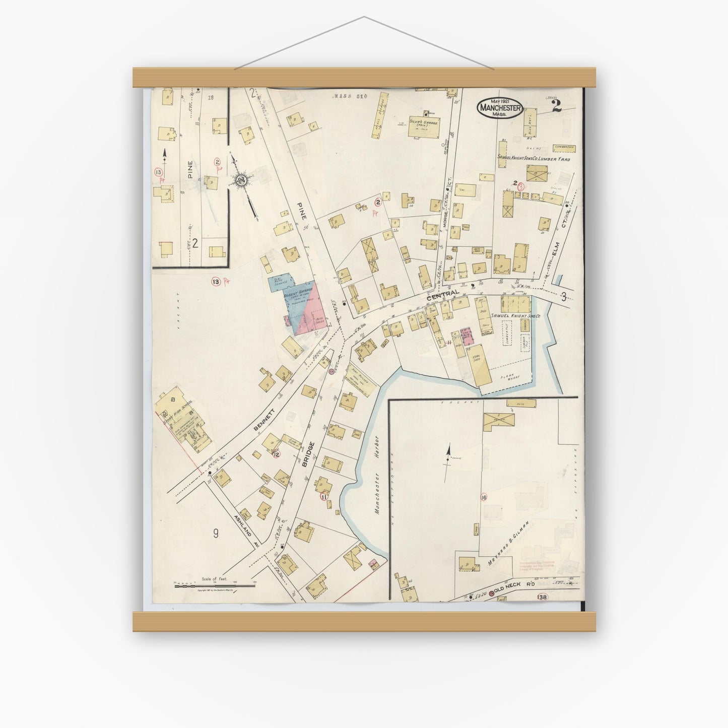 Old map wall art mockup — magnetic wood frame on white wall — Sanborn Fire Insurance Map from Manchester, Essex County, Massachusetts (1941), Sheet #0002