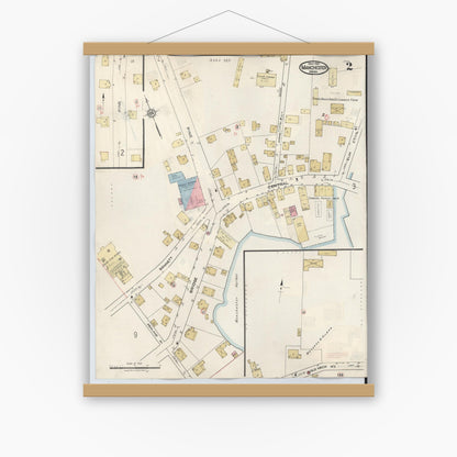 Old map wall art mockup — magnetic wood frame on white wall — Sanborn Fire Insurance Map from Manchester, Essex County, Massachusetts (1941), Sheet #0002