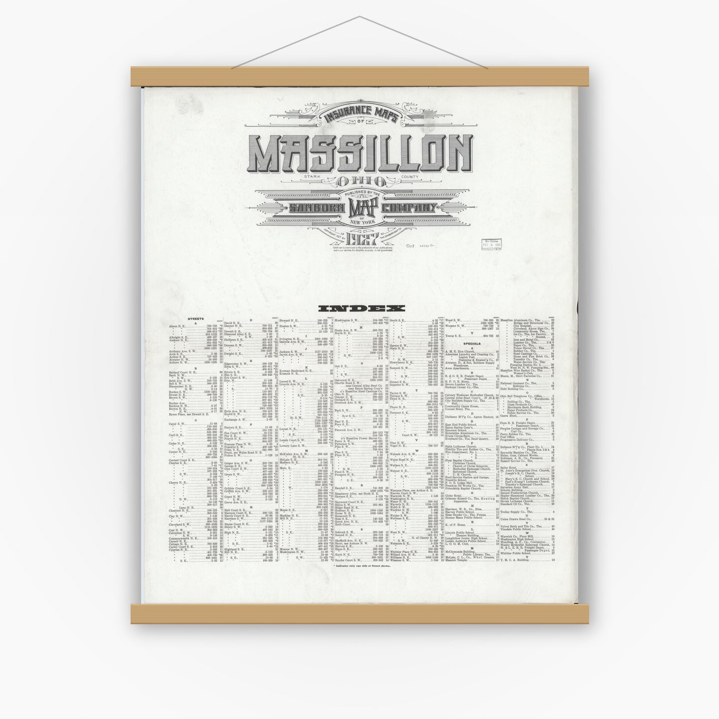 Old map wall art mockup — magnetic wood frame on white wall — Sanborn Fire Insurance Map from Massillon, Stark County, Ohio (1927), Sheet #0001