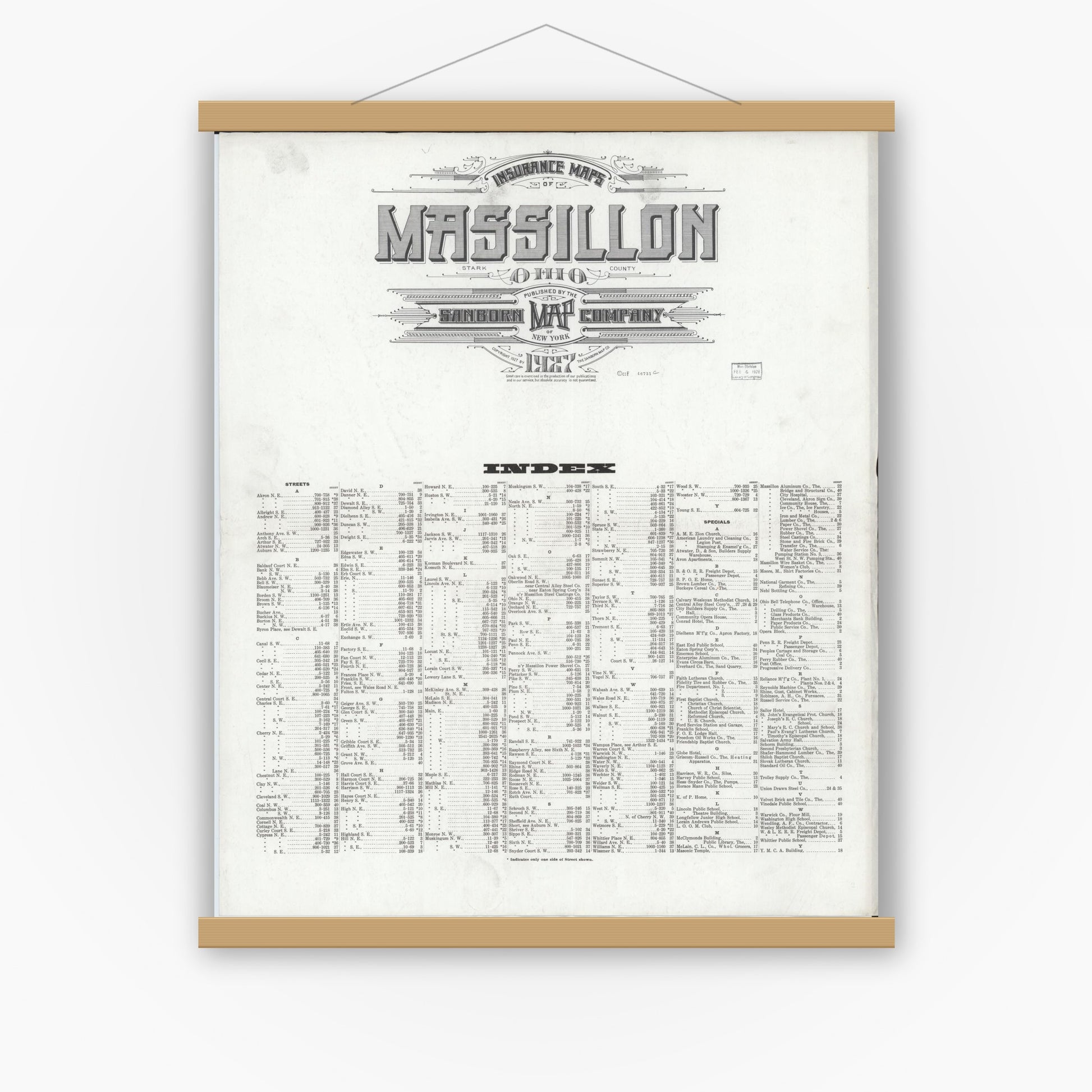 Old map wall art mockup — magnetic wood frame on white wall — Sanborn Fire Insurance Map from Massillon, Stark County, Ohio (1927), Sheet #0001