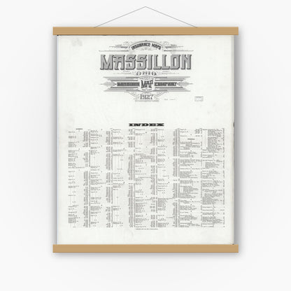 Old map wall art mockup — magnetic wood frame on white wall — Sanborn Fire Insurance Map from Massillon, Stark County, Ohio (1927), Sheet #0001
