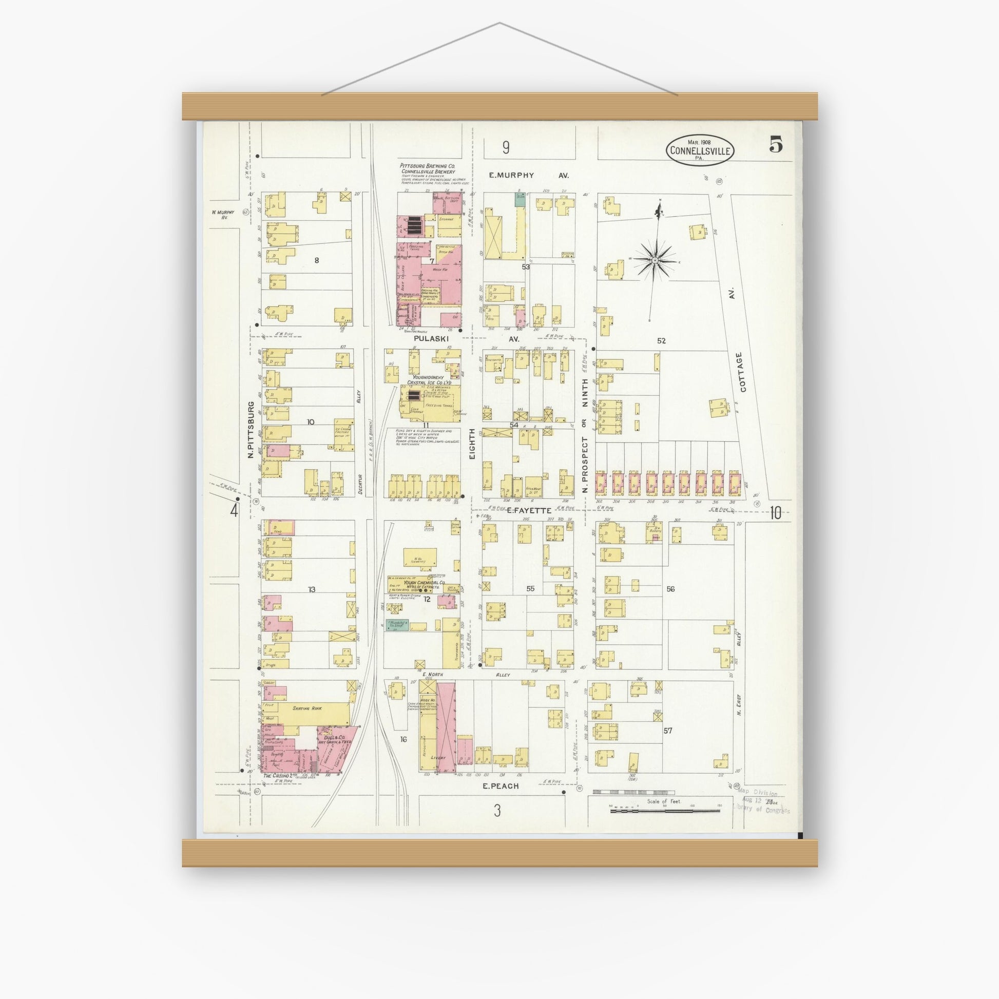 Old map wall art mockup — magnetic wood frame on white wall — Sanborn Fire Insurance Map from Connellsville, Fayette County, Pennsylvania (1908), Sheet #0005