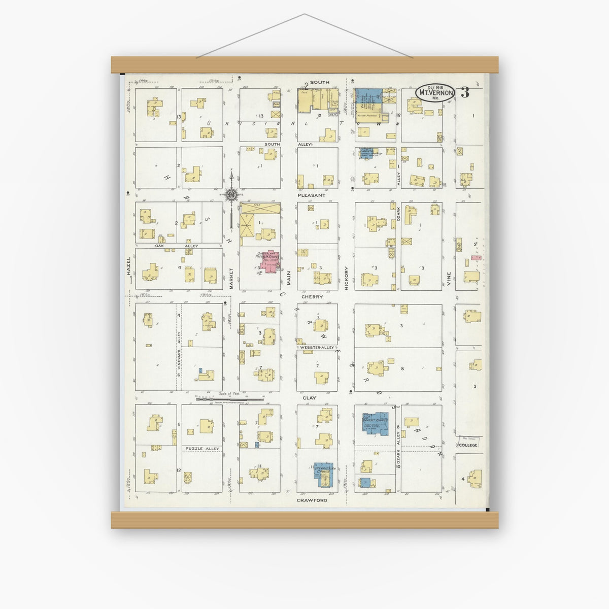 Old map wall art mockup — magnetic wood frame on white wall — Sanborn Fire Insurance Map from Mount Vernon, Lawrence County, Missouri (1918), Sheet #0003