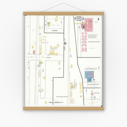 Old map wall art mockup — magnetic wood frame on white wall — Sanborn Fire Insurance Map from Sheffield, Franklin County, Iowa (1916), Sheet #0004