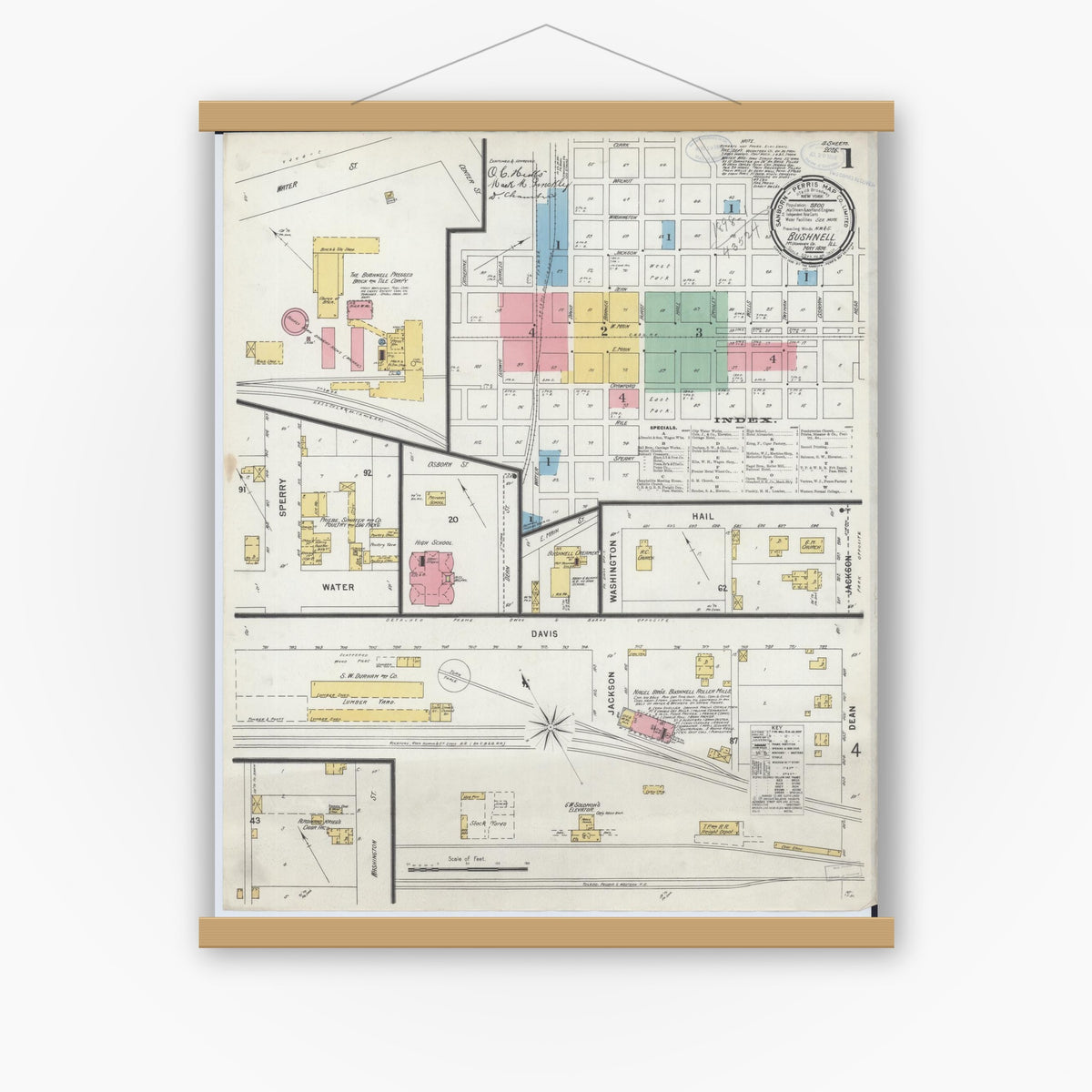 Old map wall art mockup — magnetic wood frame on white wall — Sanborn Fire Insurance Map from Bushnell, Mcdonough County, Illinois (1898) - Complete Map Set