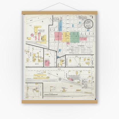 Old map wall art mockup — magnetic wood frame on white wall — Sanborn Fire Insurance Map from Bushnell, Mcdonough County, Illinois (1898) - Complete Map Set