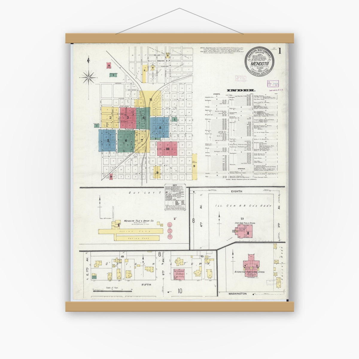 Old map wall art mockup — magnetic wood frame on white wall — Sanborn Fire Insurance Map from Mendota, La Salle County, Illinois (1909) - Complete Map Set