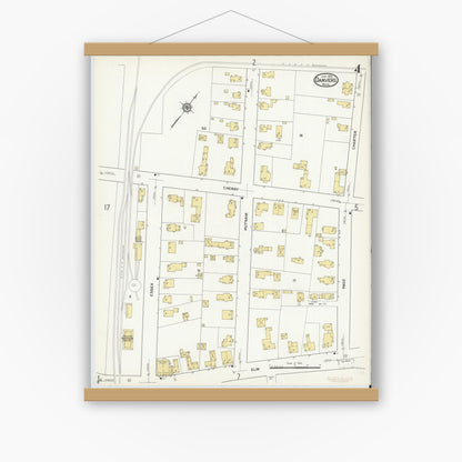 Old map wall art mockup — magnetic wood frame on white wall — Sanborn Fire Insurance Map from Danvers, Essex County, Massachusetts (1916), Sheet #0004