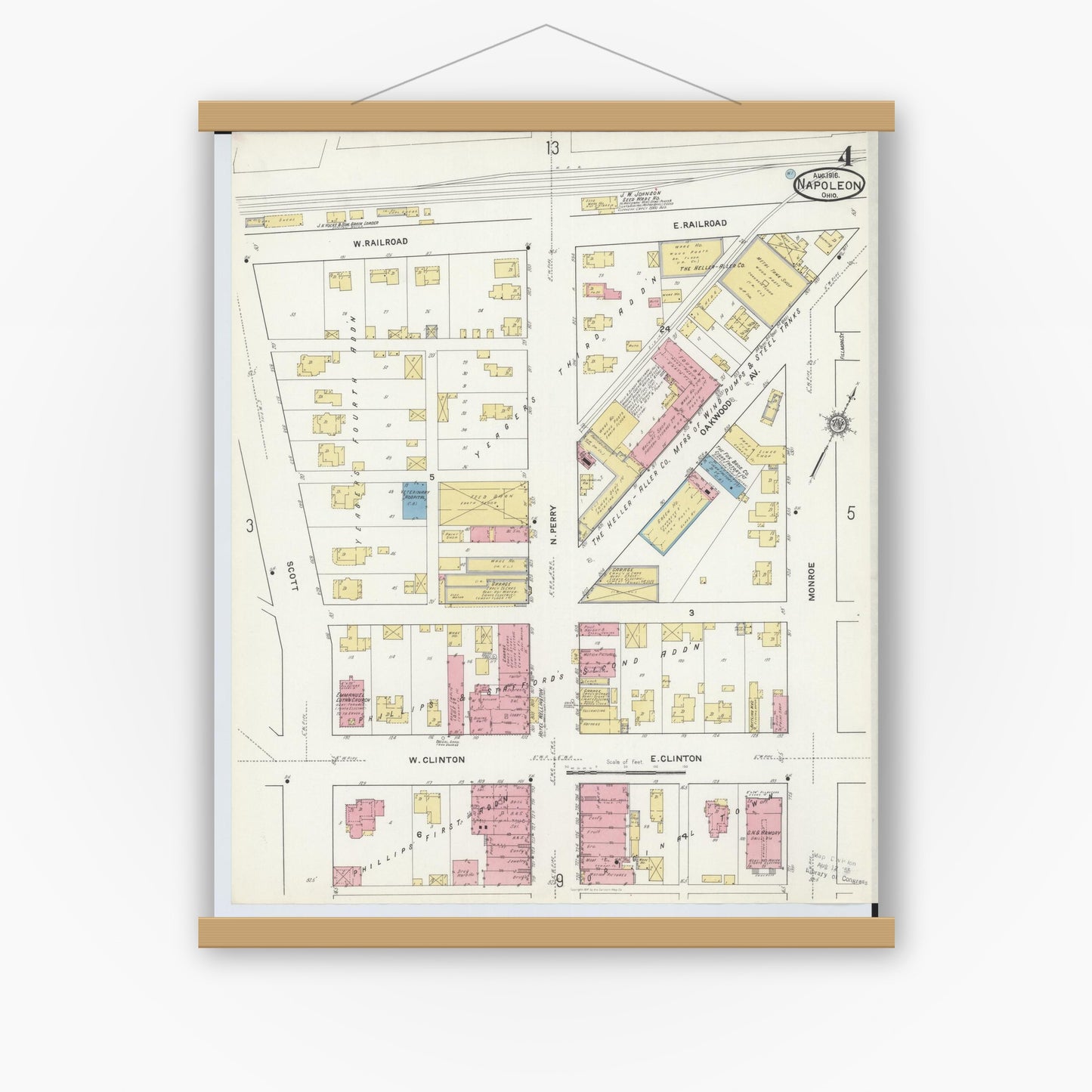 Old map wall art mockup — magnetic wood frame on white wall — Sanborn Fire Insurance Map from Napoleon, Henry County, Ohio (1916), Sheet #0004