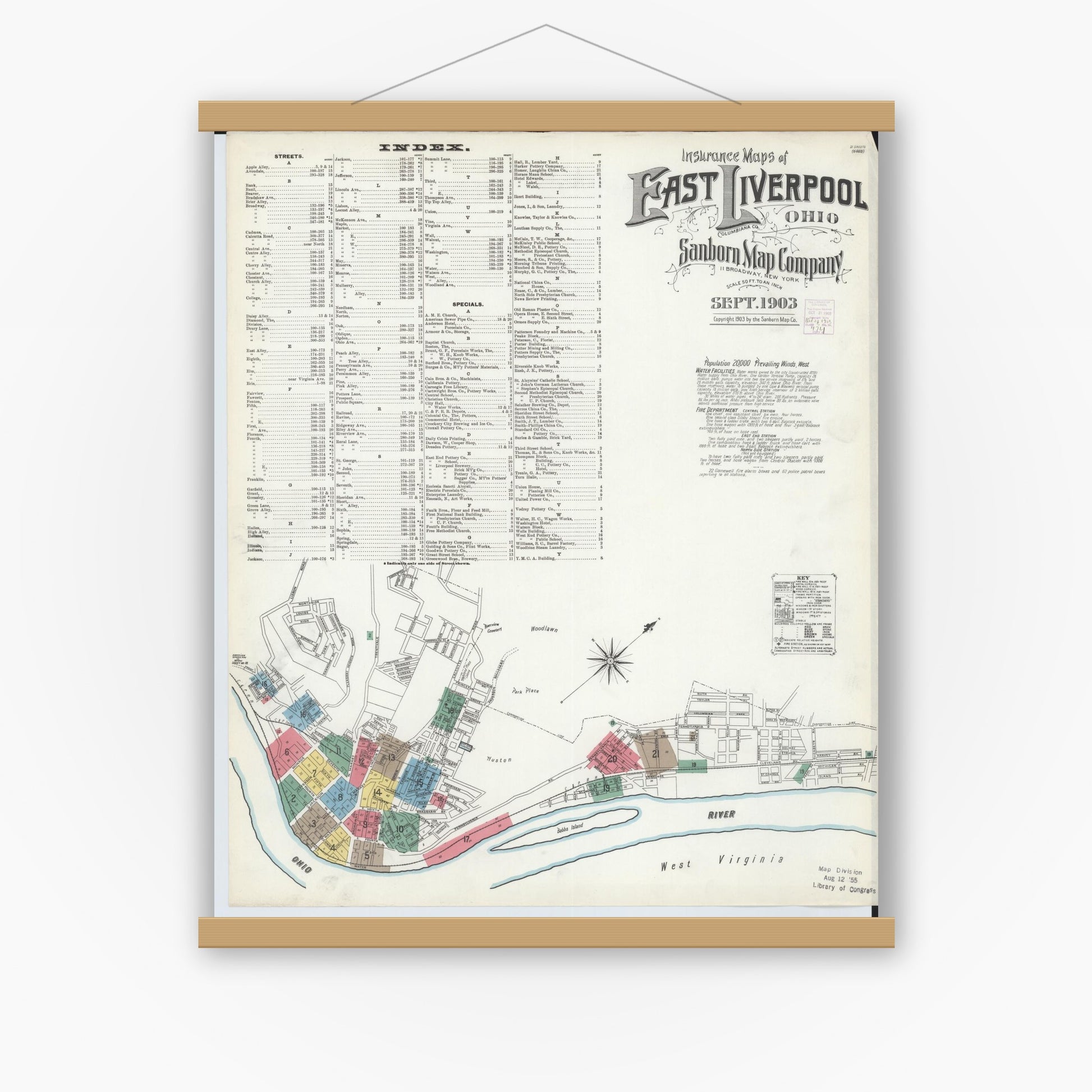 Old map wall art mockup — magnetic wood frame on white wall — Sanborn Fire Insurance Map from East Liverpool, Columbiana County, Ohio (1903) - Complete Map Set