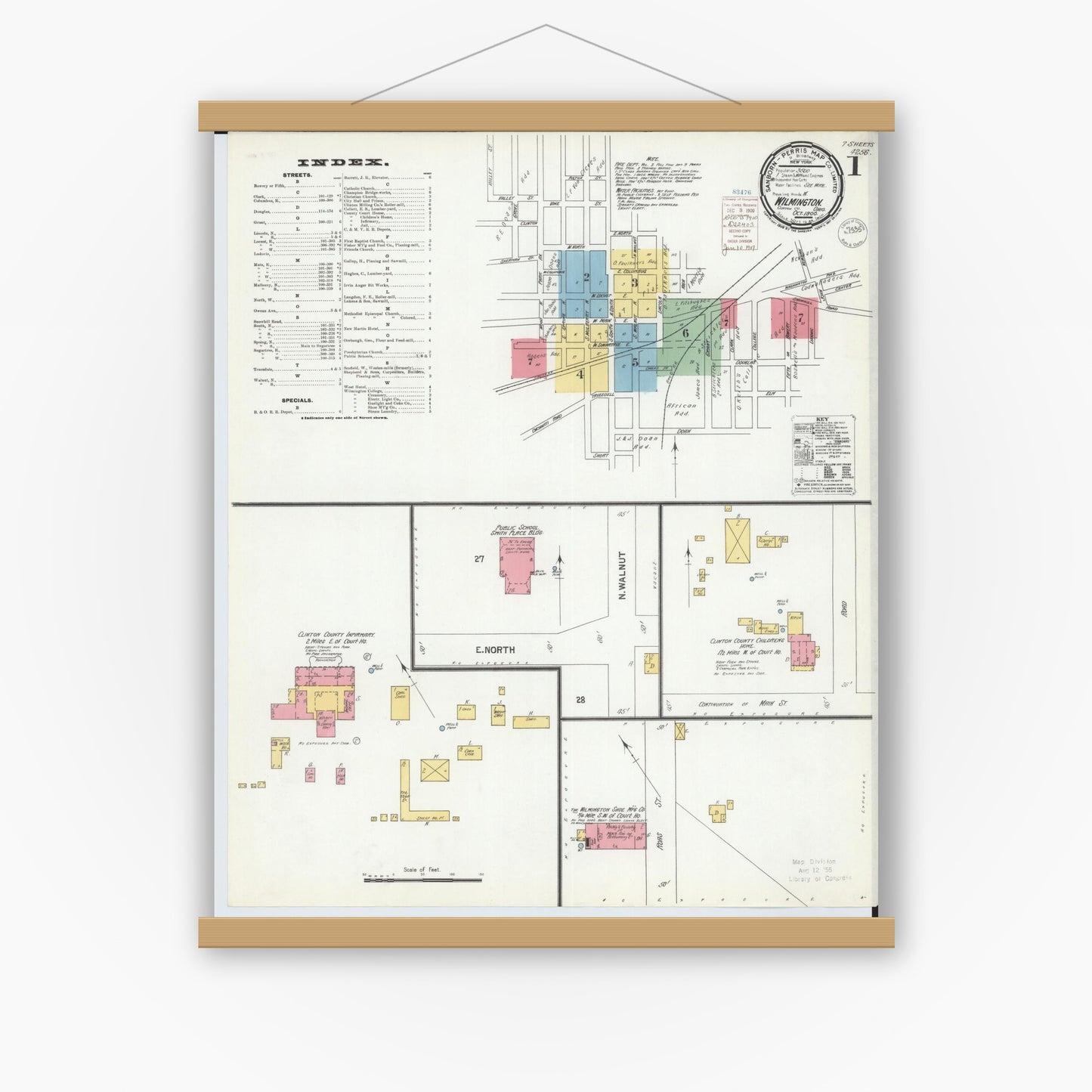 Old map wall art mockup — magnetic wood frame on white wall — Sanborn Fire Insurance Map from Wilmington, Clinton County, Ohio (1900) - Complete Map Set