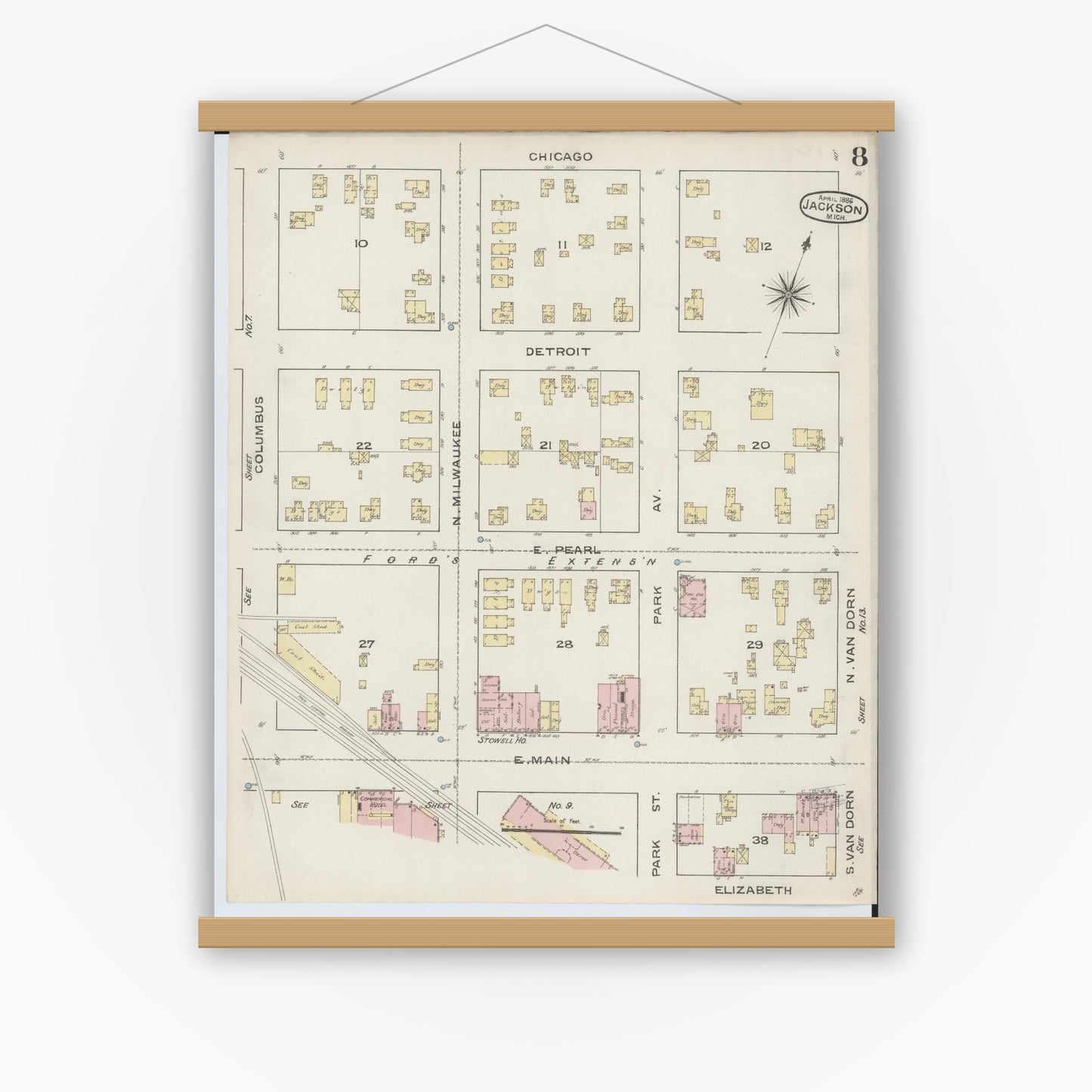 Old map wall art mockup — magnetic wood frame on white wall — Sanborn Fire Insurance Map from Jackson, Jackson County, Michigan (1886), Sheet #0008
