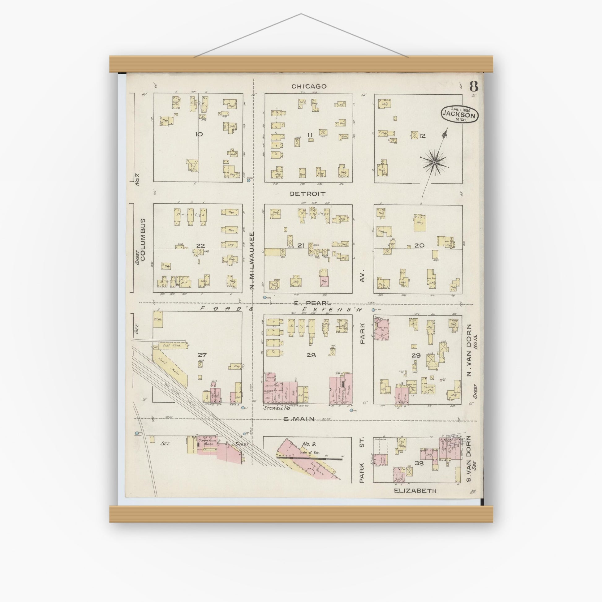 Old map wall art mockup — magnetic wood frame on white wall — Sanborn Fire Insurance Map from Jackson, Jackson County, Michigan (1886), Sheet #0008