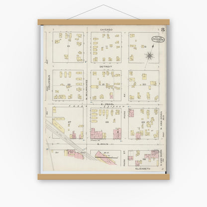Old map wall art mockup — magnetic wood frame on white wall — Sanborn Fire Insurance Map from Jackson, Jackson County, Michigan (1886), Sheet #0008