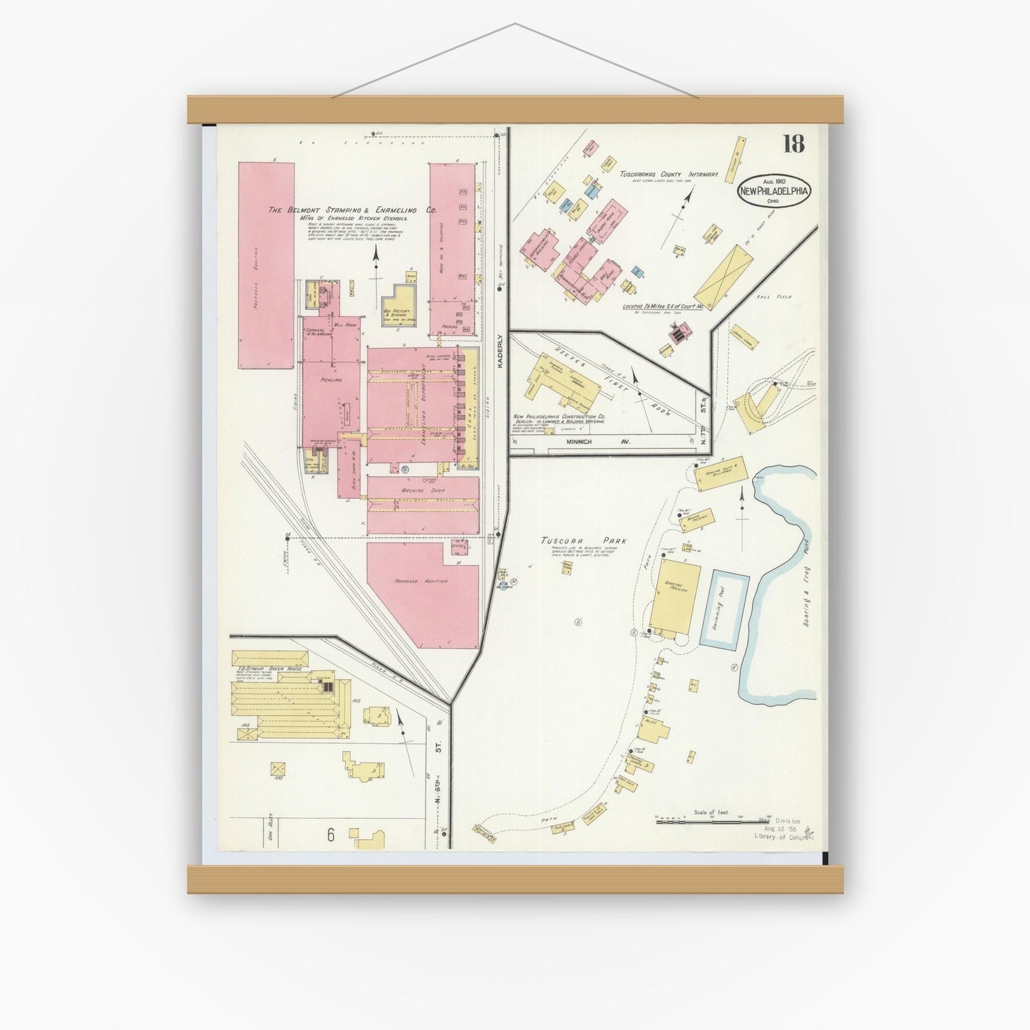 Old map wall art mockup — magnetic wood frame on white wall — Sanborn Fire Insurance Map from New Philadelphia, Tuscarawas County, Ohio (1910), Sheet #0018