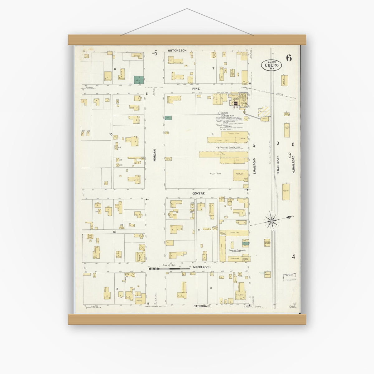 Old map wall art mockup — magnetic wood frame on white wall — Sanborn Fire Insurance Map from Cuero, De Witt County, Texas (1907), Sheet #0006