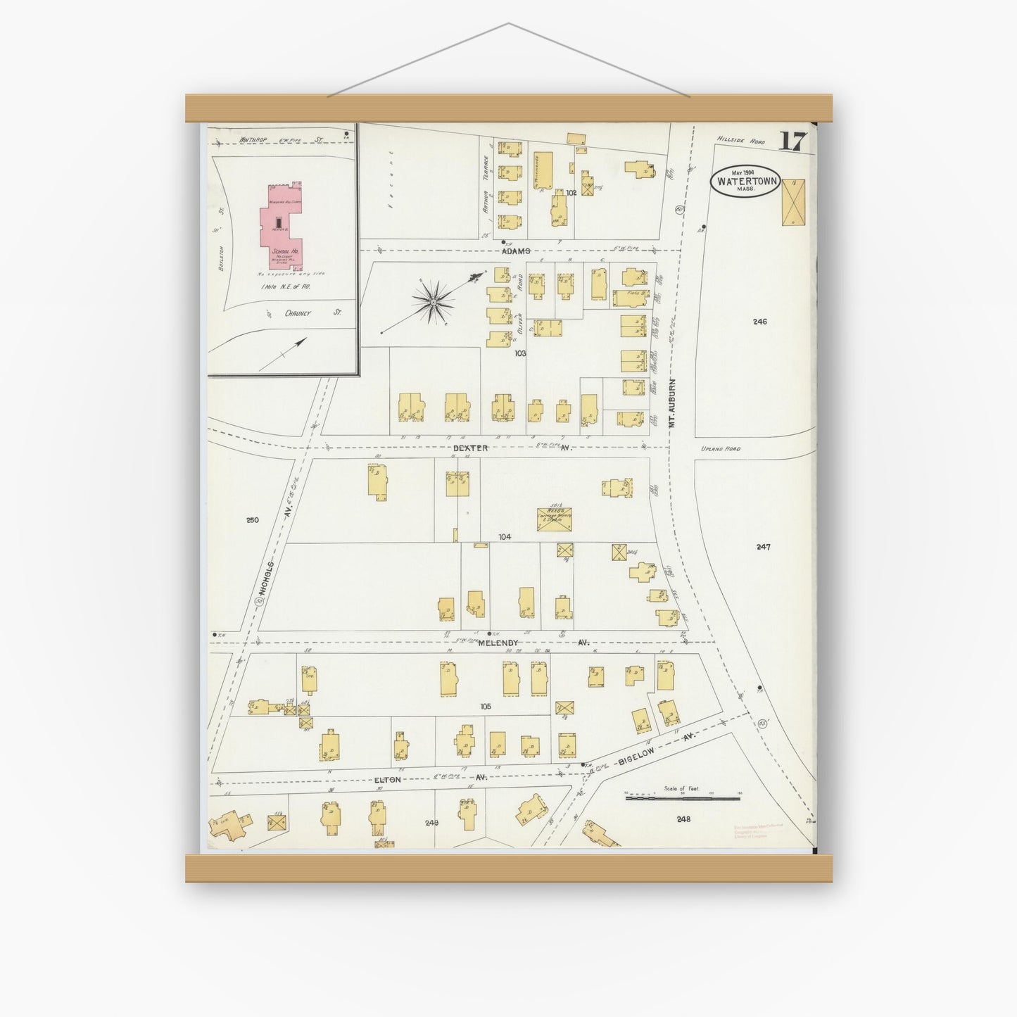 Old map wall art mockup — magnetic wood frame on white wall — Sanborn Fire Insurance Map from Watertown, Middlesex County, Massachusetts (1904), Sheet #0017