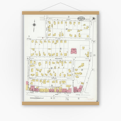 Old map wall art mockup — magnetic wood frame on white wall — Sanborn Fire Insurance Map from Marlborough, Middlesex County, Massachusetts (1920), Sheet #0010