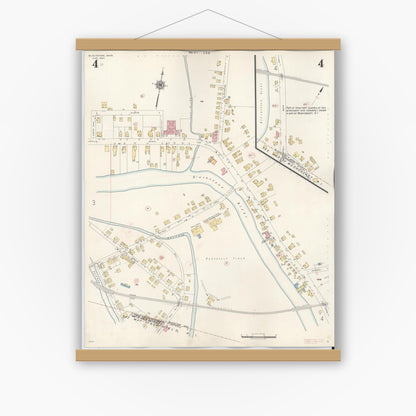Old map wall art mockup — magnetic wood frame on white wall — Sanborn Fire Insurance Map from Blackstone, Worcester County, Massachusetts (1948), Sheet #0004