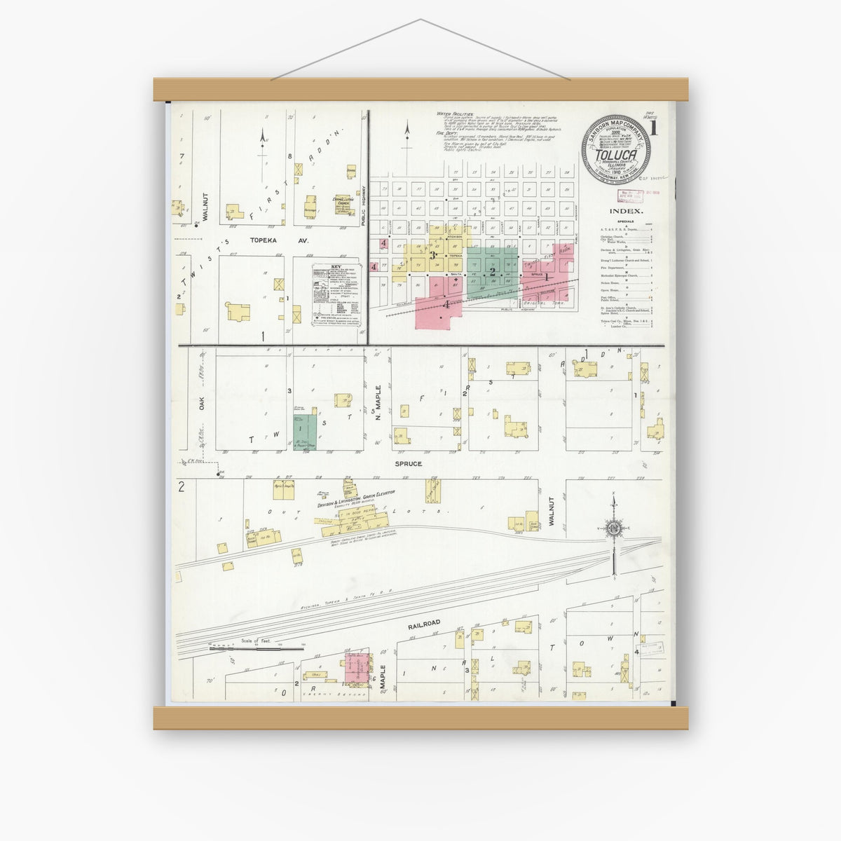 Old map wall art mockup — magnetic wood frame on white wall — Sanborn Fire Insurance Map from Toluca, Marshall County, Illinois (1910), Sheet #0001